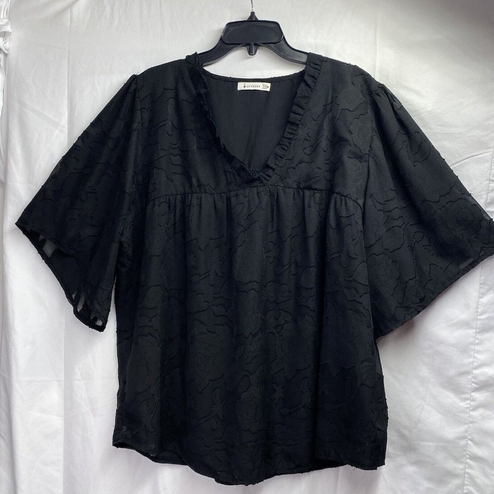 OUFEIYA Mesh Short Sleeve Ruffle V-Neck Women Black Blouse Size 2XL
